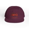 Maroon snapback cap with orange logo and text on front.