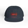 Black baseball cap with red embroidered logo on the front.