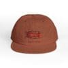 Brown cap with frayed edge and embroidered logo on front.
