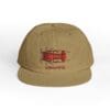 Brown baseball cap with a red embroidered design on the front.