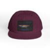 Maroon snapback hat with a black patch and logo on front.