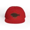 Red cap with a fish design embroidered on the front.