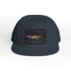 Black snapback hat with a rectangular patch and logo on front.