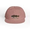 A dusty rose cap with a fish graphic and text on the front.