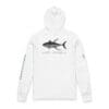 White hoodie featuring a large black fish graphic on the back.