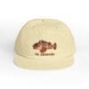 Beige cap with a detailed fish embroidery and text.