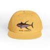 Yellow cap with a black tuna fish design and text.