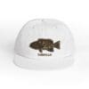 White cap with a brown fish and 'CABELLA' text embroidered.