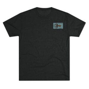 Black T-shirt with a small rectangular logo on the chest.