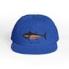 Blue cap with a fish graphic and text.