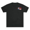 Black t-shirt with a small colorful graphic on the chest.