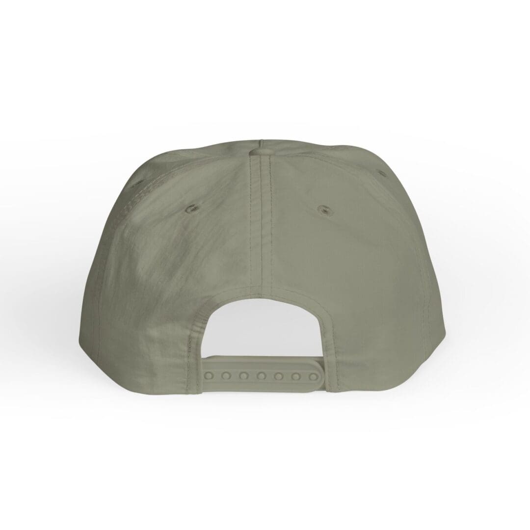 Back view of a plain olive green baseball cap with an adjustable strap.