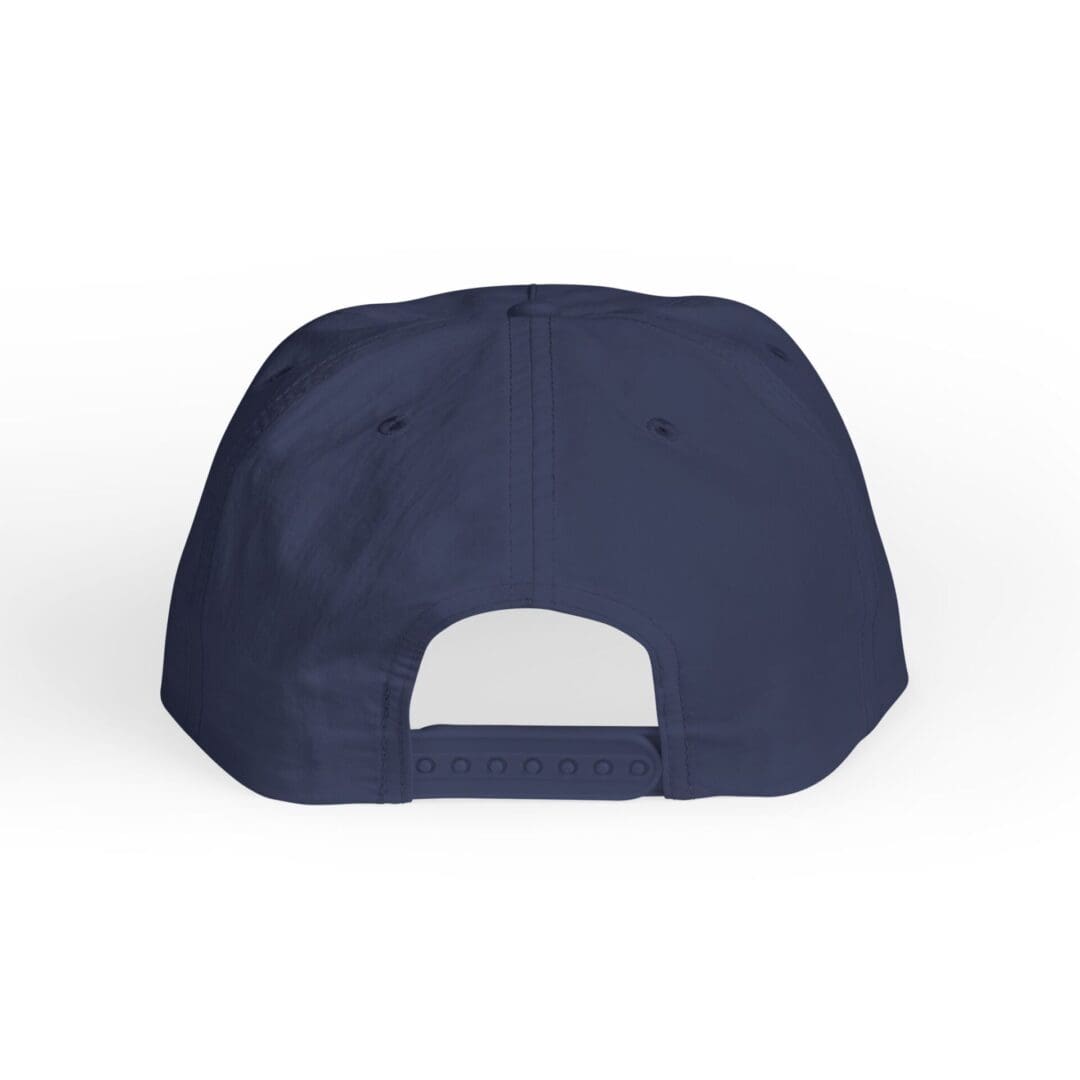 Back view of a navy blue baseball cap with adjustable strap.