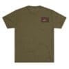 Olive green T-shirt with a small rectangular graphic on the chest.