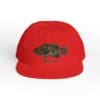Red baseball cap with fish embroidery.