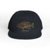 Black cap with a golden fish design on the front.
