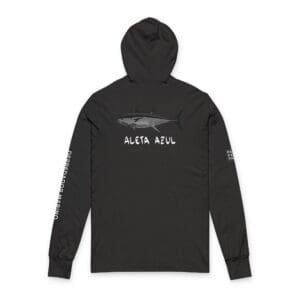 Black hoodie with white text and graphic on the back.