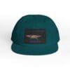 Teal baseball cap with a black rectangular patch and bird logo.