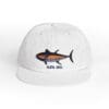 White cap with a colorful fish and text logo.