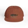 Brown cap with a fish design and text.