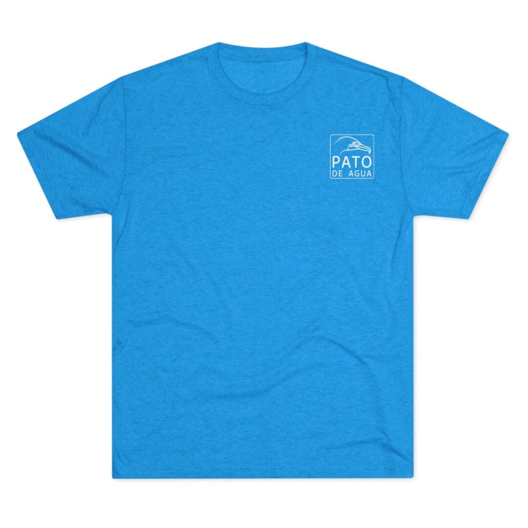 Blue T-shirt with a small white logo on the chest.