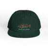 Dark green cap with embroidered fish and text.