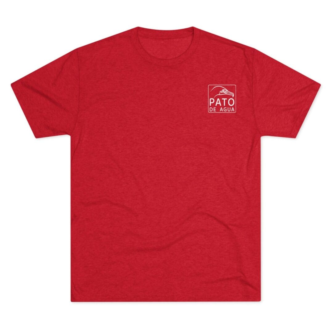 Red T-shirt with a white logo on the front pocket area.
