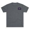 Gray T-shirt with a small chest logo patch.