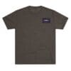 Dark brown T-shirt with a small rectangular logo on the chest pocket area.