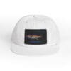 White cap with a black rectangular patch featuring a bird design.