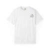 White t-shirt with a small graphic on the chest pocket area.