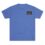 Blue T-shirt with a small black and red patch on the chest pocket area.