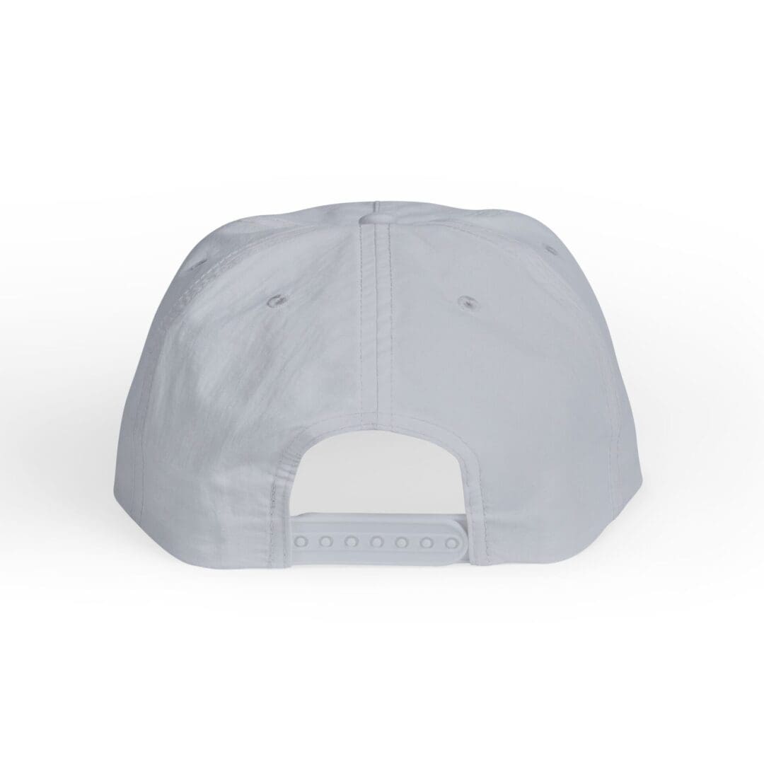 Back view of a plain gray baseball cap with adjustable strap.