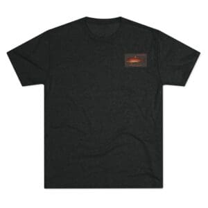 Black T-shirt with a small graphic on the chest pocket area.