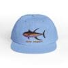 Blue cap with a colorful fish design and text.