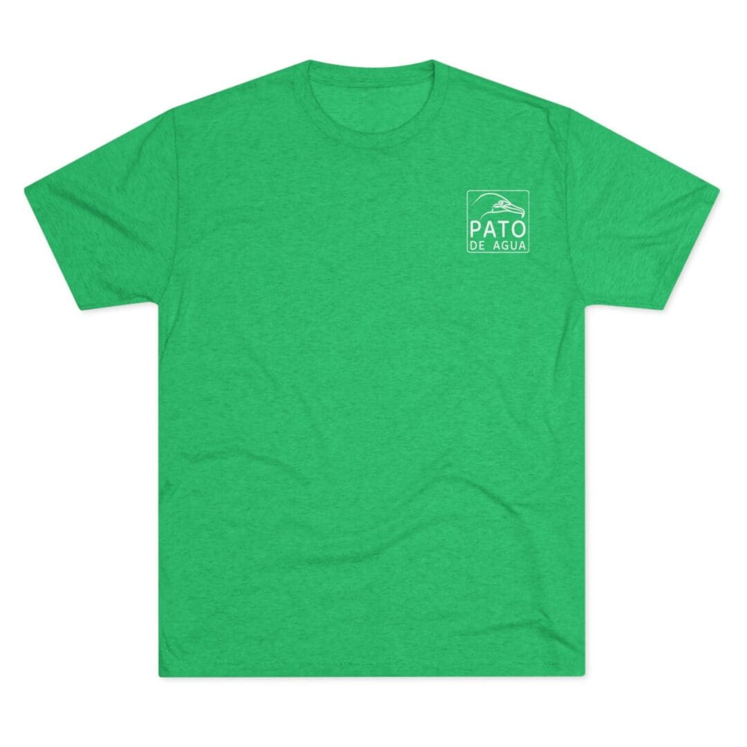 Green T-shirt with a small white logo on the chest.