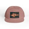 A dusty pink snapback hat with a vintage truck patch on the front.