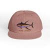 A mauve hat with a colorful fish graphic and the words 'Old Fisher'.
