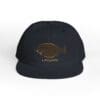 Black baseball cap with a gold embroidered fish design.