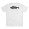 White T-shirt with a graphic of a fish and text below it.