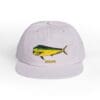 White cap with a colorful fish graphic on the front.