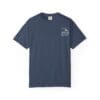Navy blue T-shirt with a small white house logo on the left chest.