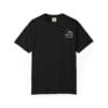 Black T-shirt with small white text on the chest.