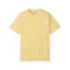 Light yellow short-sleeve T-shirt with subtle white text on chest.