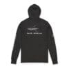 Black hoodie with white text and graphic on front.