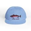 Light blue baseball cap with a fish graphic and text.