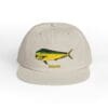 Beige cap with a colorful fish illustration and 'Mahi' text.