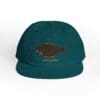 Teal cap featuring an embroidered brown fish design on the front.