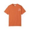Orange t-shirt with a small white logo on the chest pocket area.