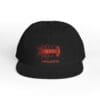 Black baseball cap with a red graphic and text.